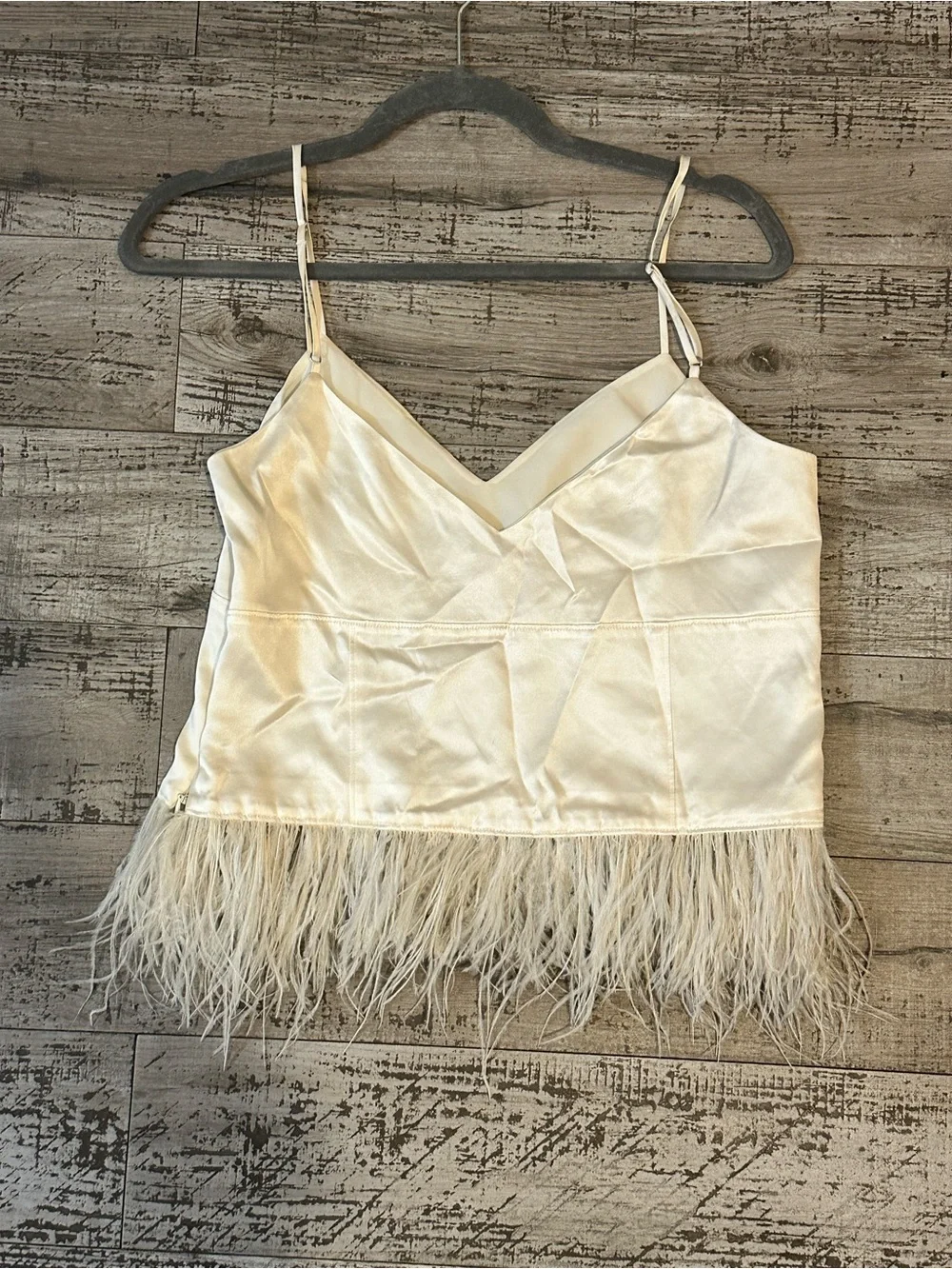 Cinq à Sept Ivory Feather Trim Satin Crop Top – Size S - Picture 5 of 5